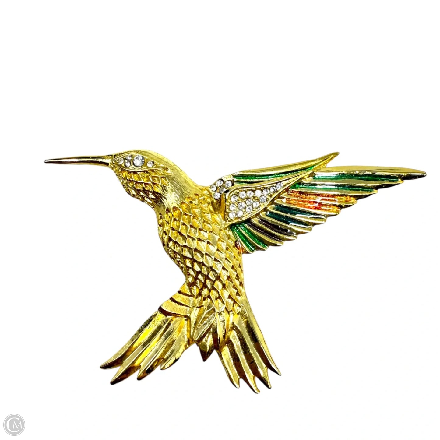 Gold Tone Rhinestone Hummingbird Pin
