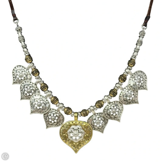 Two Tone Metal & Leather Statement Necklace By Lucky Brand
