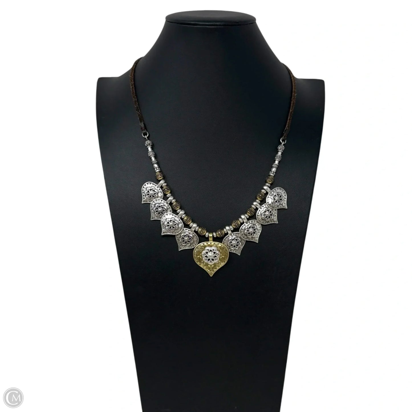 Two Tone Metal & Leather Statement Necklace By Lucky Brand