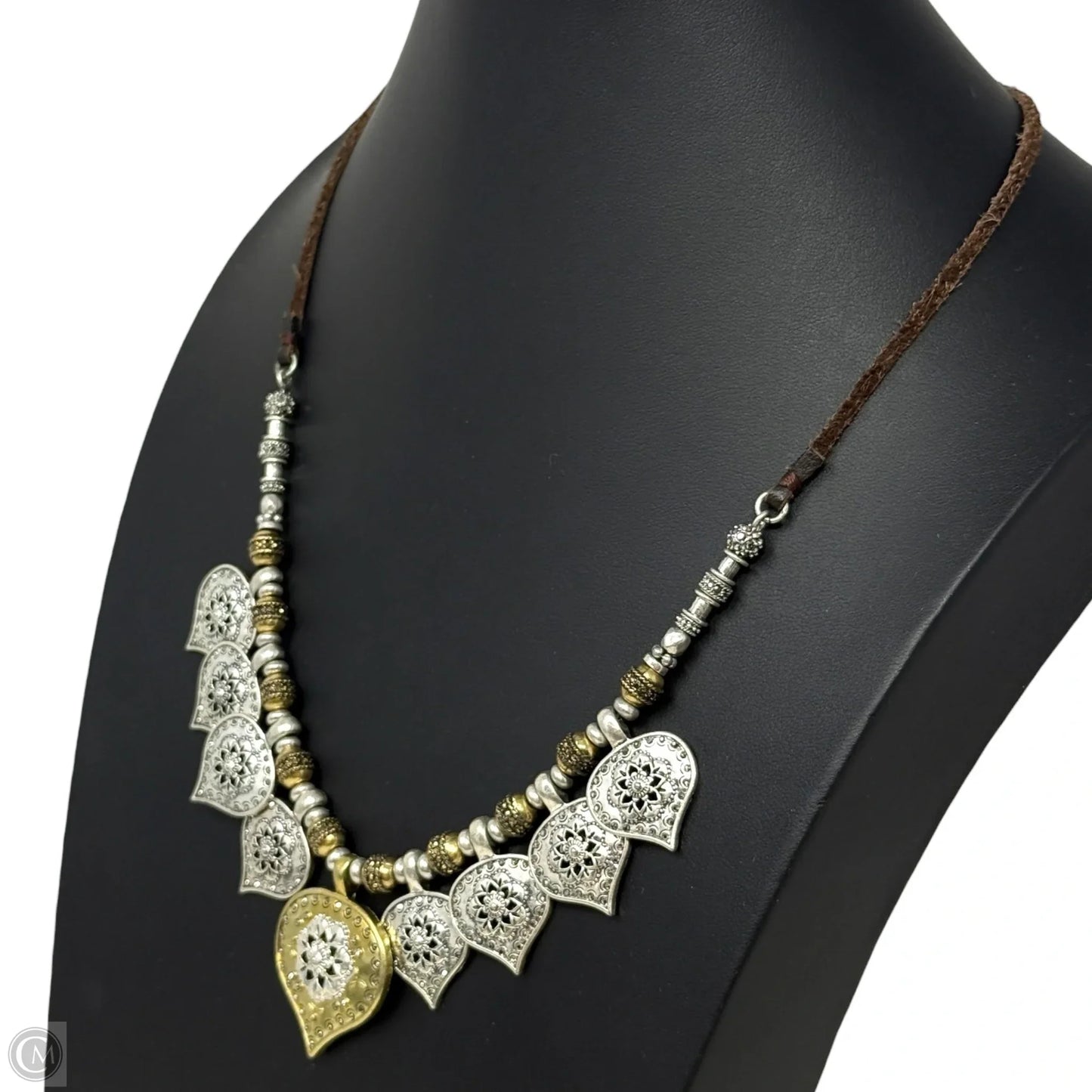 Two Tone Metal & Leather Statement Necklace By Lucky Brand