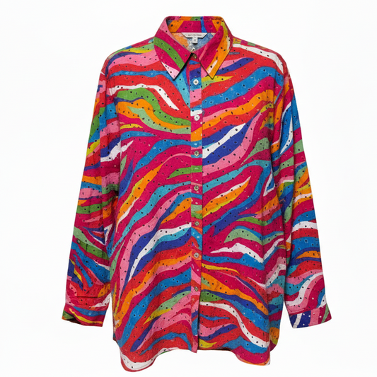 Island Dreaming Eyelet Top Long Sleeve By John Mark In Multi-colored, Size: 2X