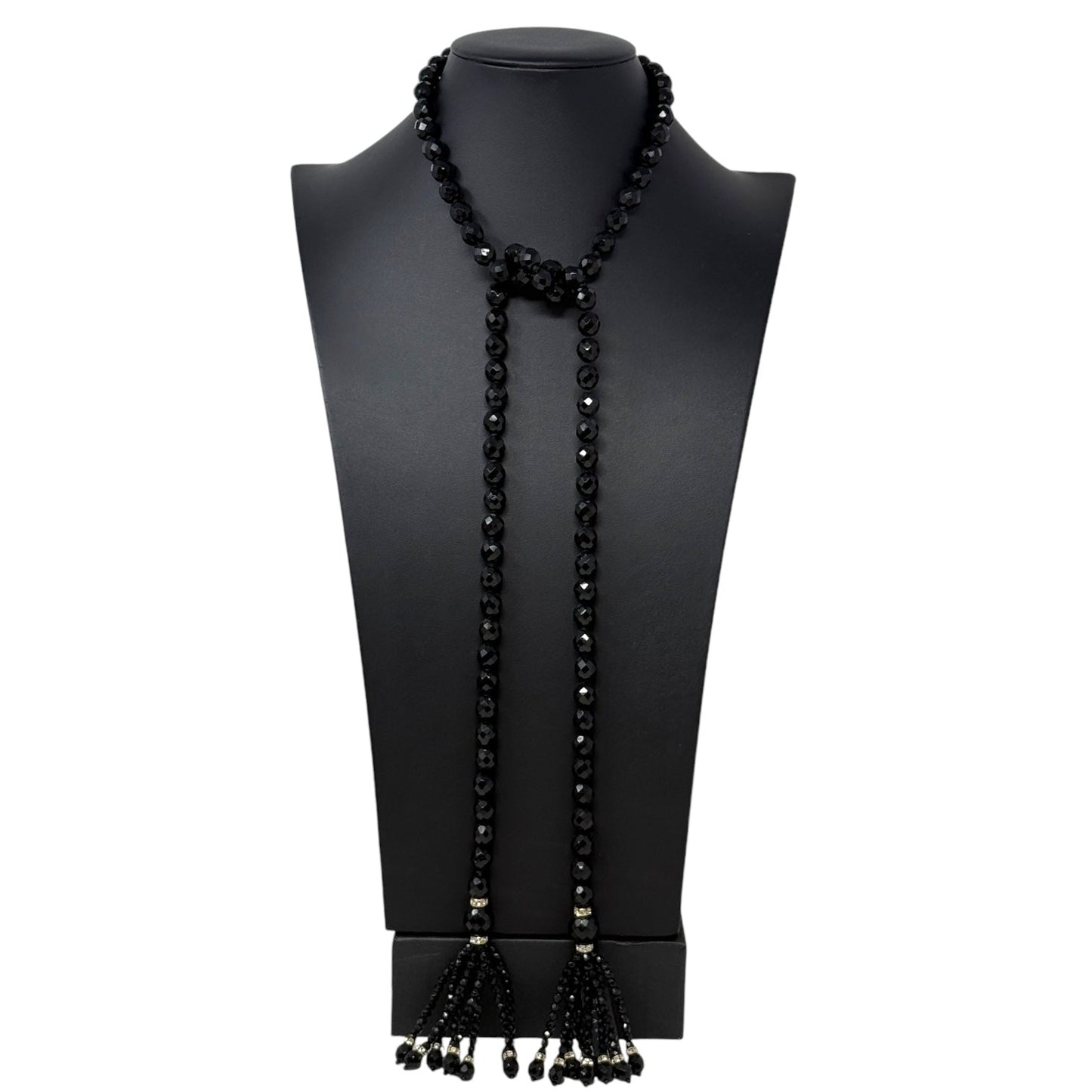 Black Jet Faceted Czech Glass Bead Lariat Necklace By Joan Rivers