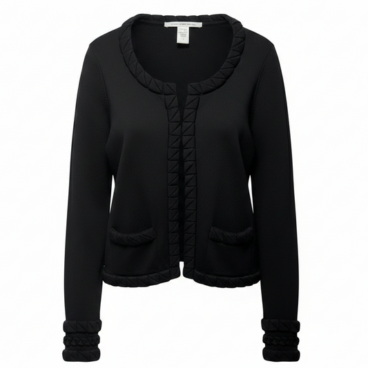 Wool Cardigan Sweater With Quilted Ruffle Trim Designer By Diane Von Furstenberg In Black, Size: S