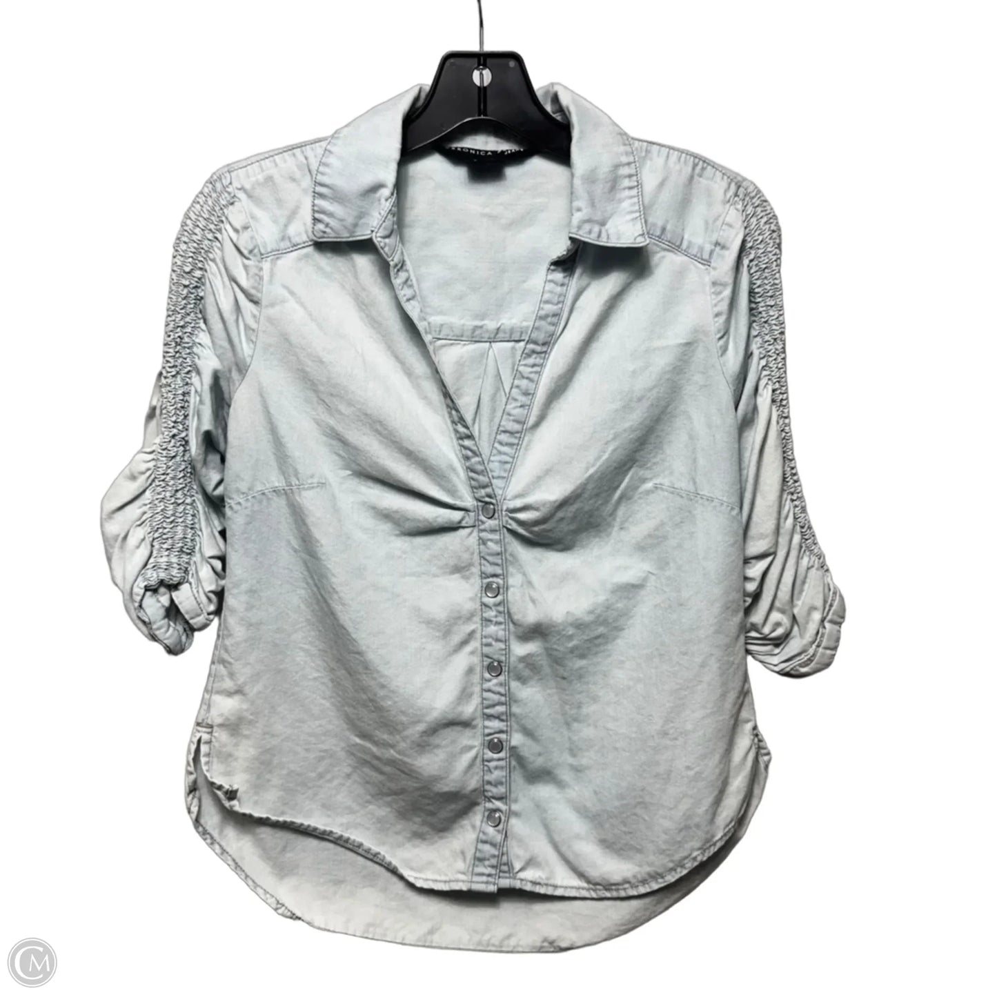 Ruched Sleeve Top 3/4 Sleeve By Veronica Beard In Blue Denim, Size: 2
