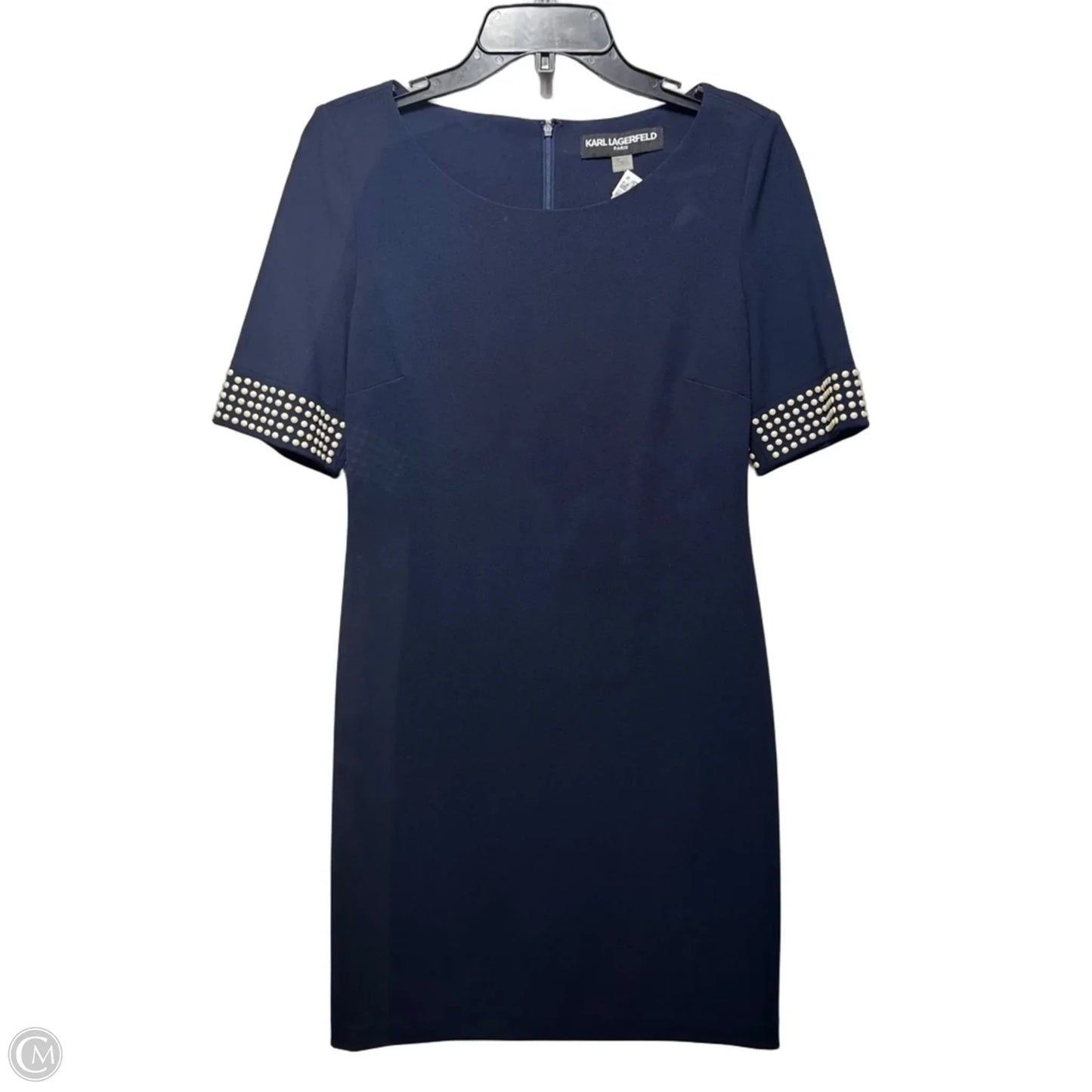 Athena Embellished Scuba Sheath Dress Designer By Karl Lagerfeld In Navy, Size: 6