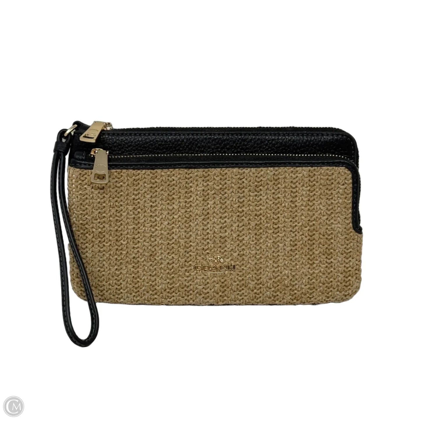 Straw & Leather Double Zip Wallet Designer By Coach, Size: Large