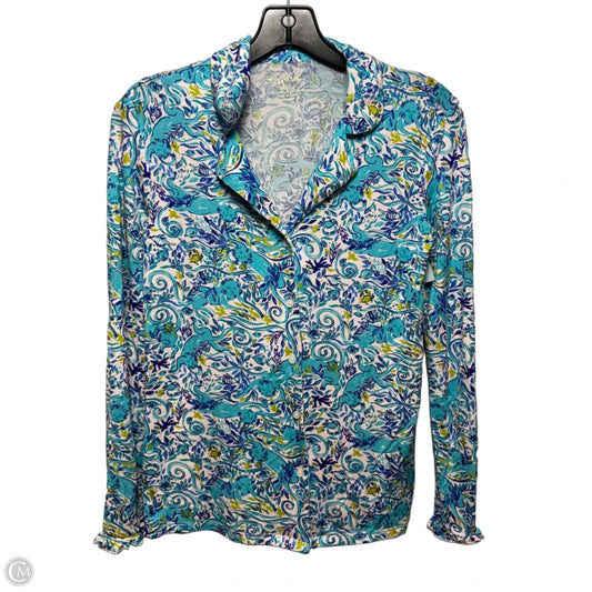Ruffle Pajama Top Long Sleeve Designer By Lilly Pulitzer In Blue & White, Size: XXS