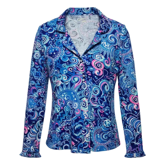 Ruffle Pajama Top Long Sleeve Designer By Lilly Pulitzer In Blue & Pink, Size: XS