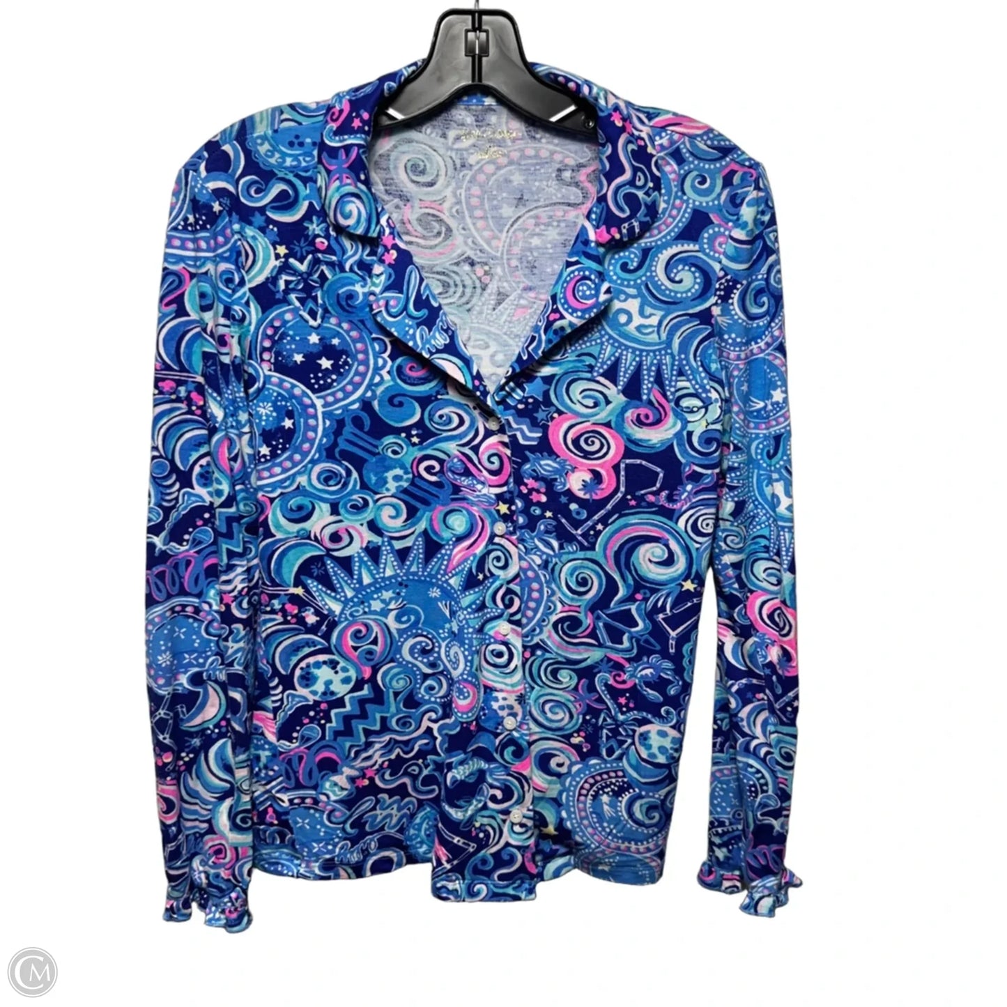 Ruffle Pajama Top Long Sleeve Designer By Lilly Pulitzer In Blue & Pink, Size: XS