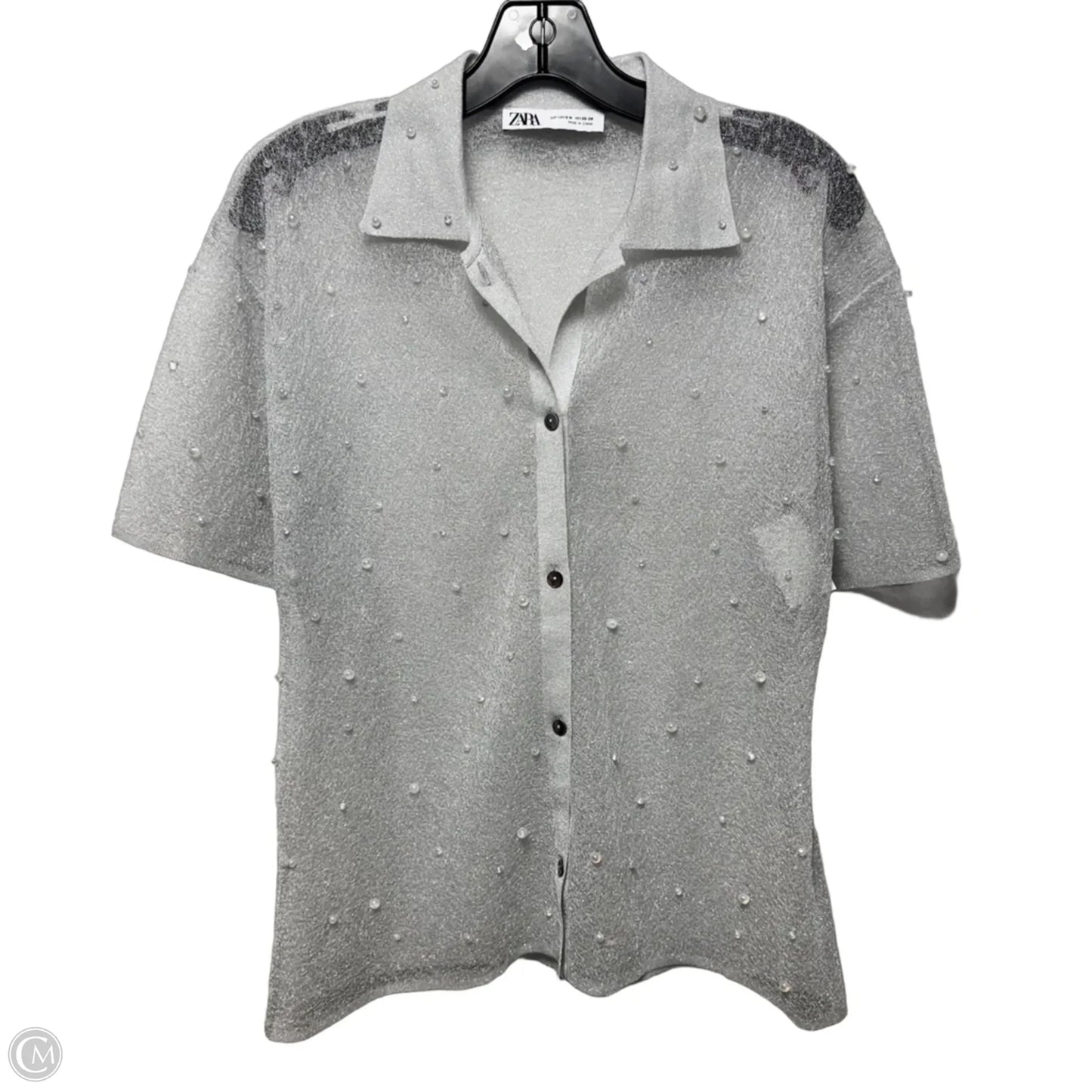Sheer Embellished Top Short Sleeve By Zara In Silver, Size: M