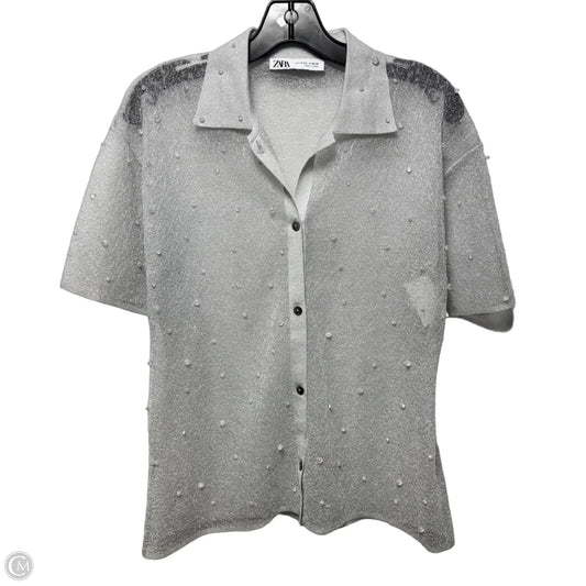 Sheer Embellished Top Short Sleeve By Zara In Silver, Size: M