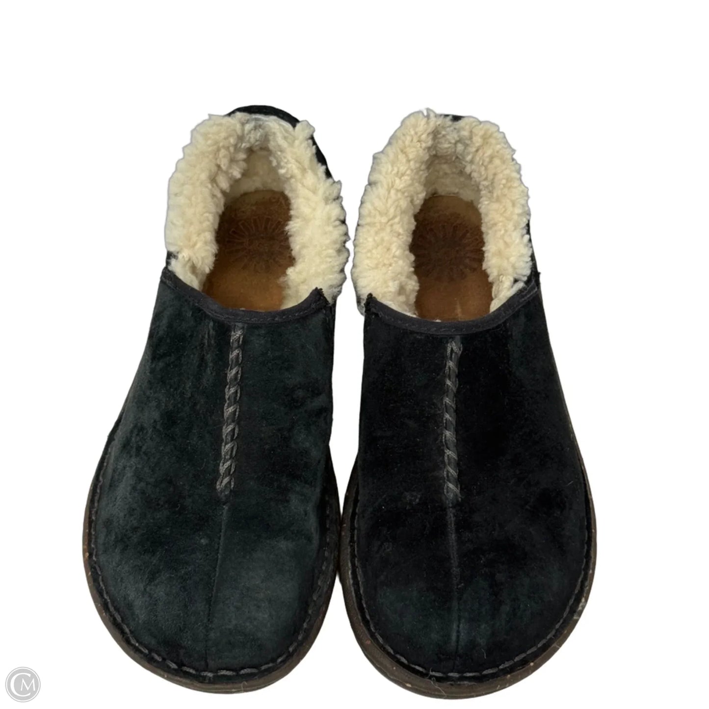 Bettey Black Suede Shearling Clog Slippers Designer By Ugg In Black & Cream, Size: 8