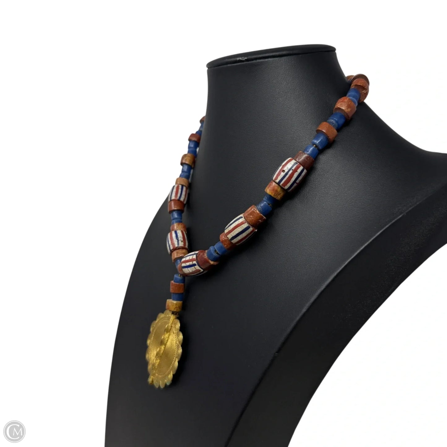 Stone Beaded Y Necklace With Gold Tone Medallion