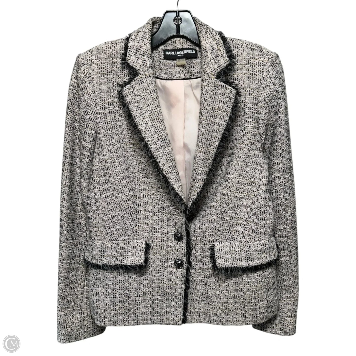 Fringe Trim Tweed Blazer Designer By Karl Lagerfeld In Black & Pink, Size: 6
