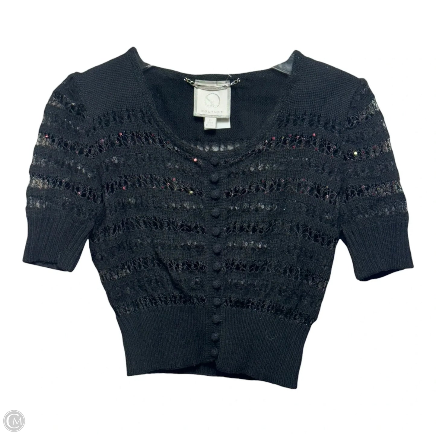Open Knit Cropped Cardigan Sweater Luxury Designer By St John Couture In Black, Size: 6