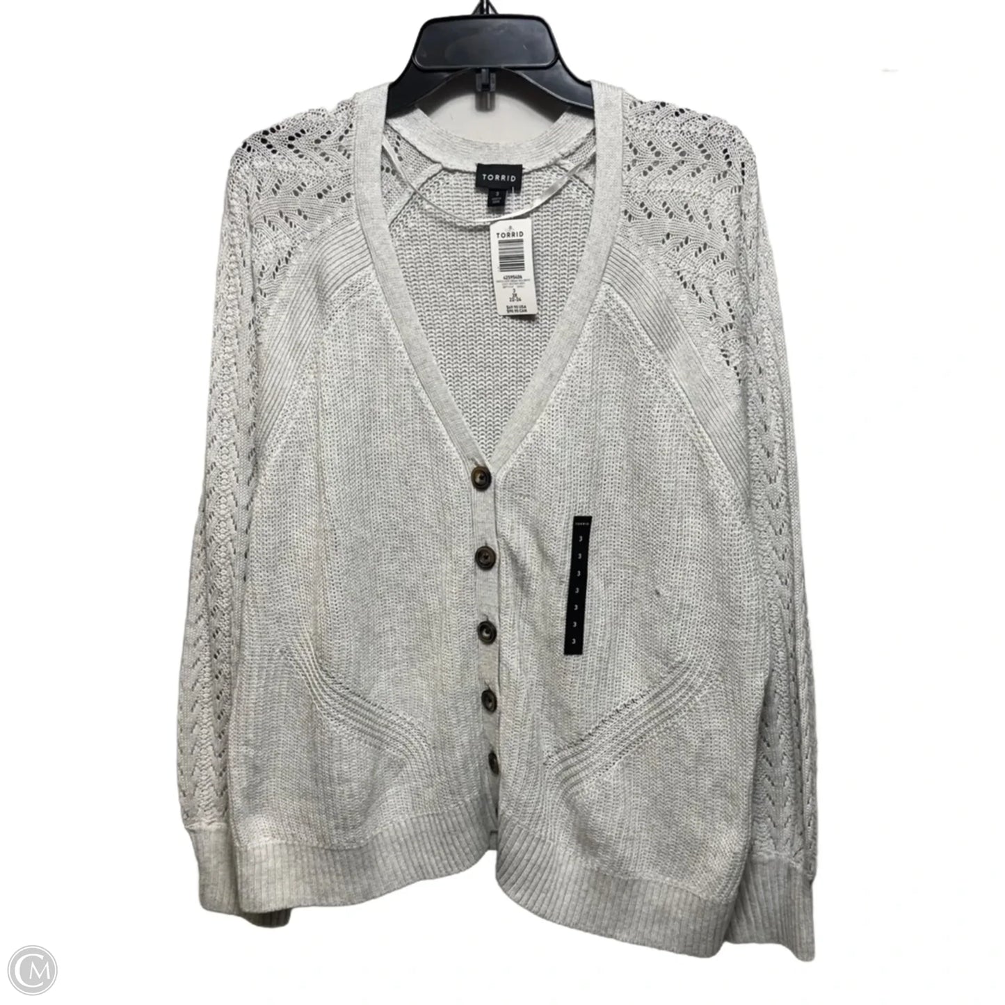 Pointelle Sleeve Cardigan V-Neck Sweater By Torrid In Light Heather Grey, Size: 3x