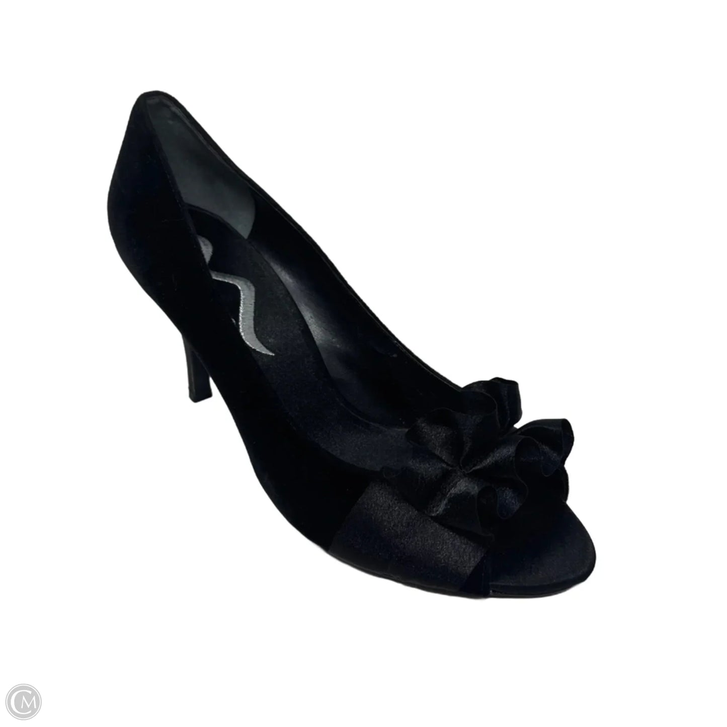 Velvet Ruffle Peep Toe Shoes Heels Stiletto By Nina In Black, Size: 10