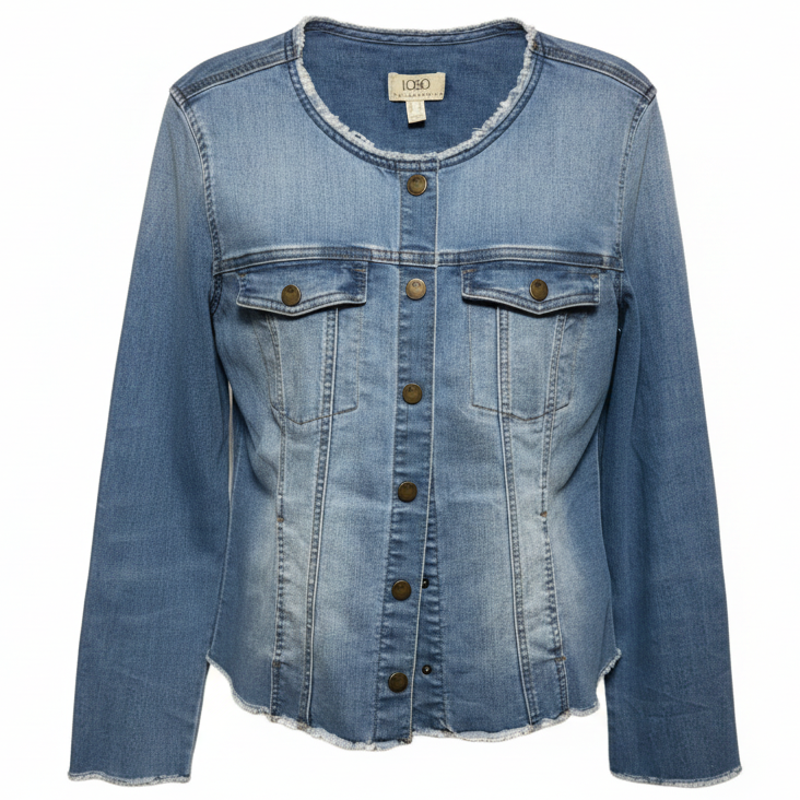 Denim Jacket with Frayed Edges By Logo By Lori Goldstein In Blue Denim, Size: 12