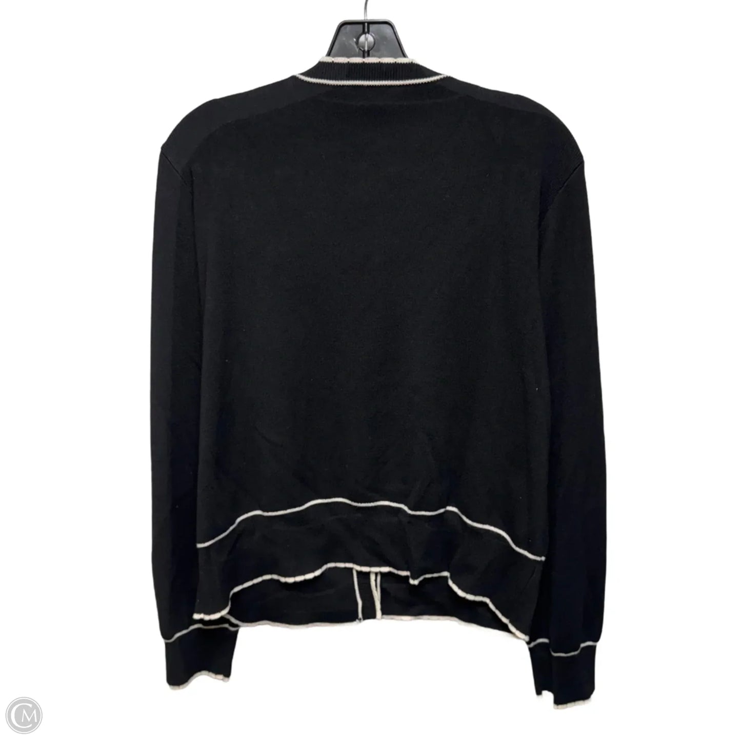 Crew Neck Cardigan Sweater With Stitch Detail By Adrianna Papell In Black & Cream, Size: L