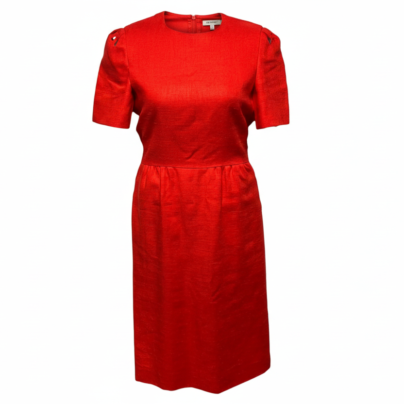 Vintage Linen Midi Dress Designer By Carolina Herrera In Red, Size: 10