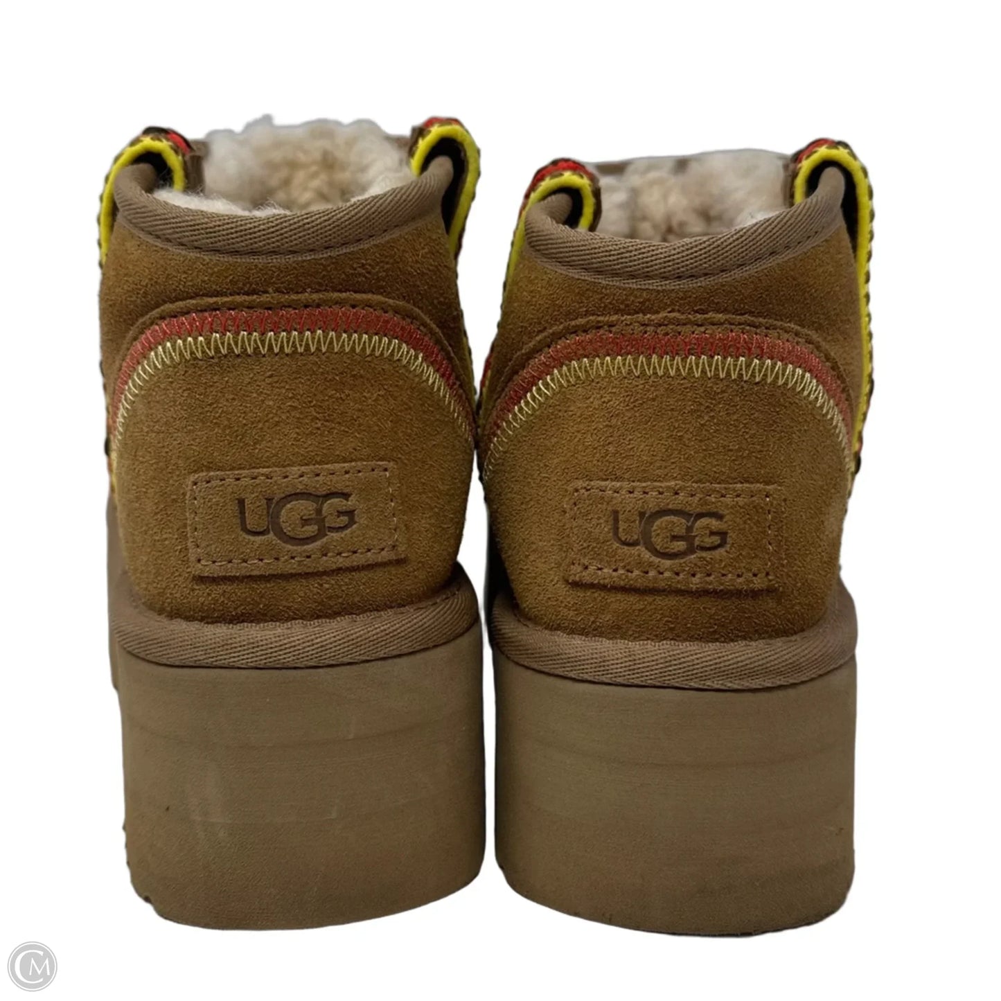Ultra Mini Platform Boots Designer By Ugg In Brown & Red, Size: 9