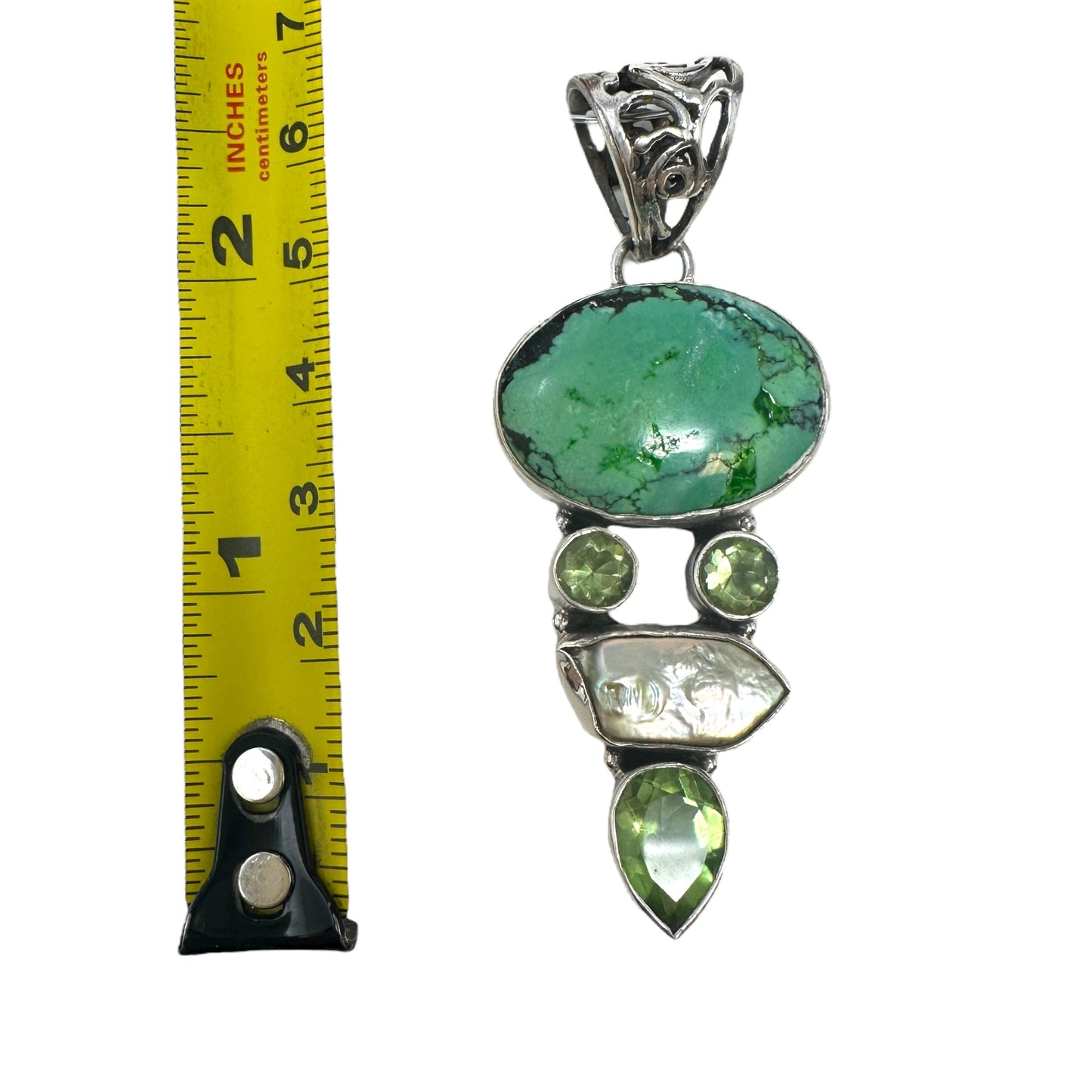 Turquoise, Peridot & Pearl Sterling Silver Pendant, Unknown Brand