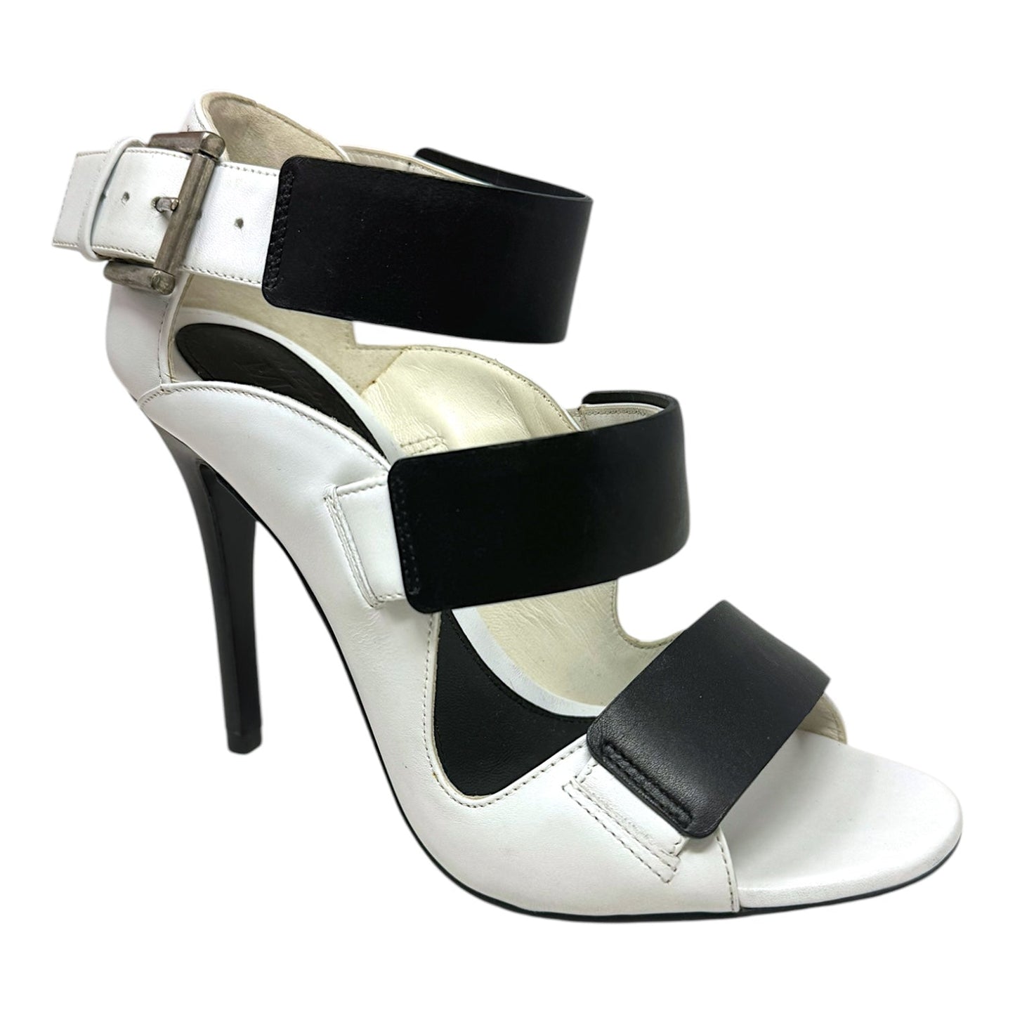 Triple Buckle Leather Stiletto Sandals Luxury Designer By Alexander Mcqueen In Black & White, Size: 6.5