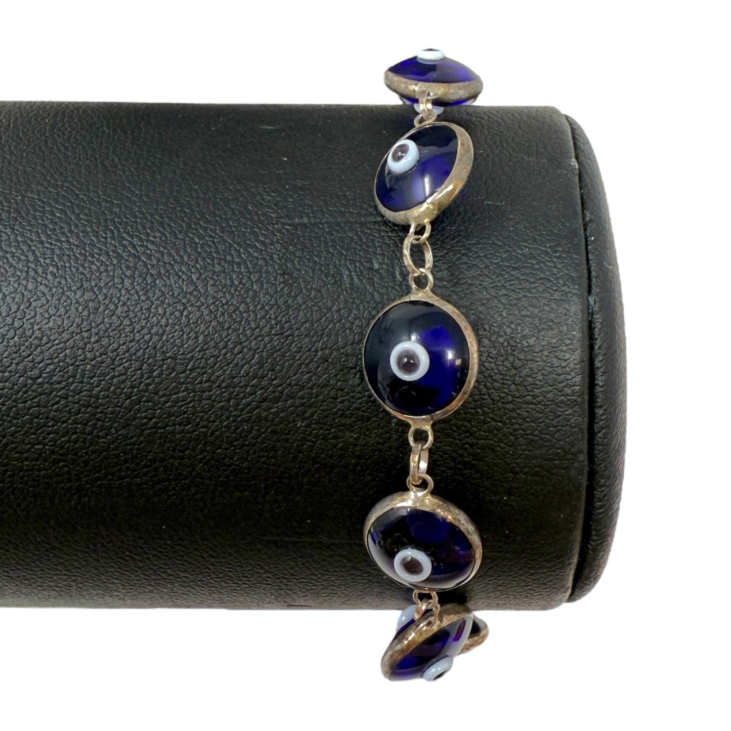 Vintage Blue Glass Eye Sterling Silver Link Bracelet By Unbranded