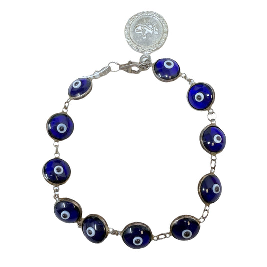 Vintage Blue Glass Eye Sterling Silver Link Bracelet By Unbranded