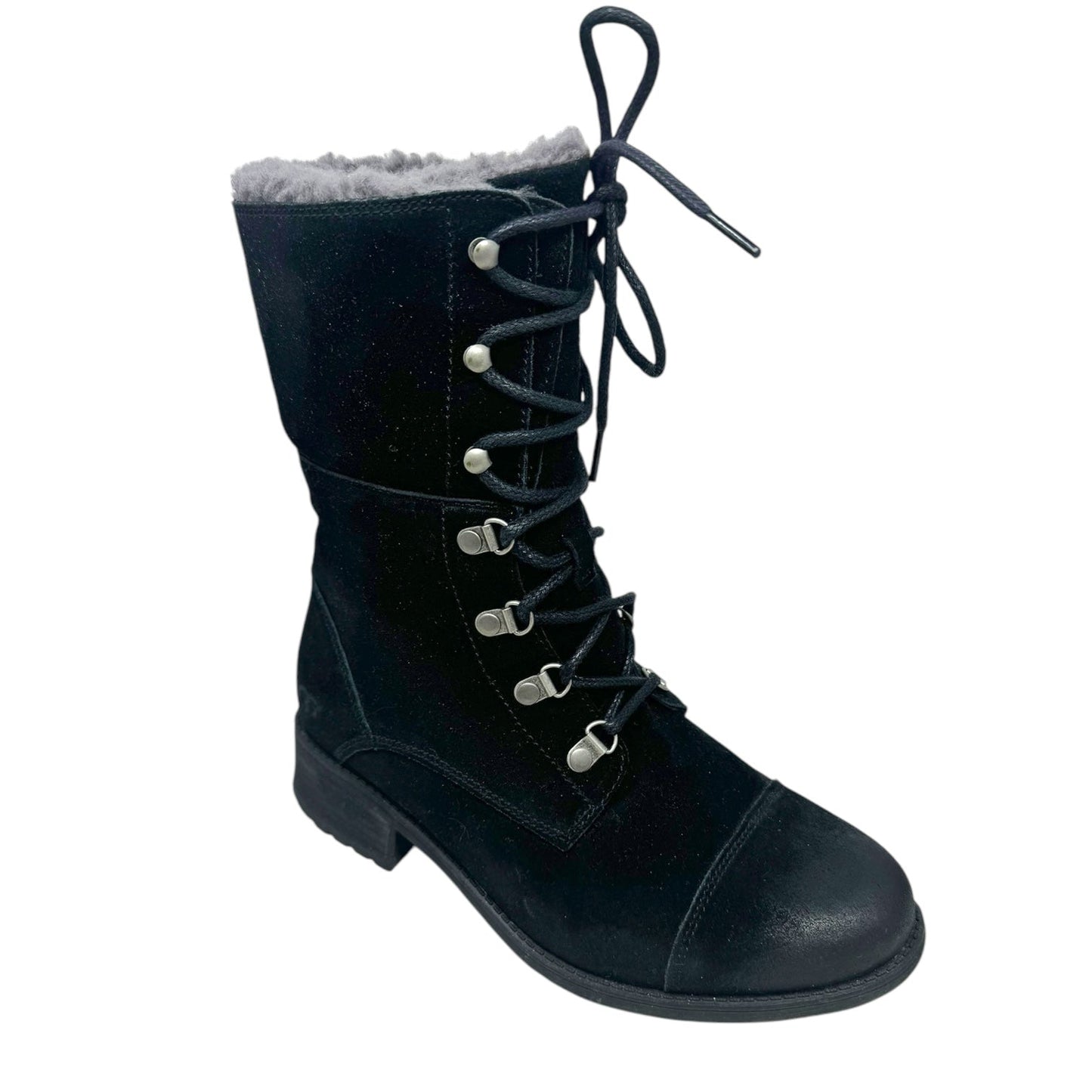 Gradin Sherpa Lined Biker Boots Designer By Ugg In Black, Size: 8