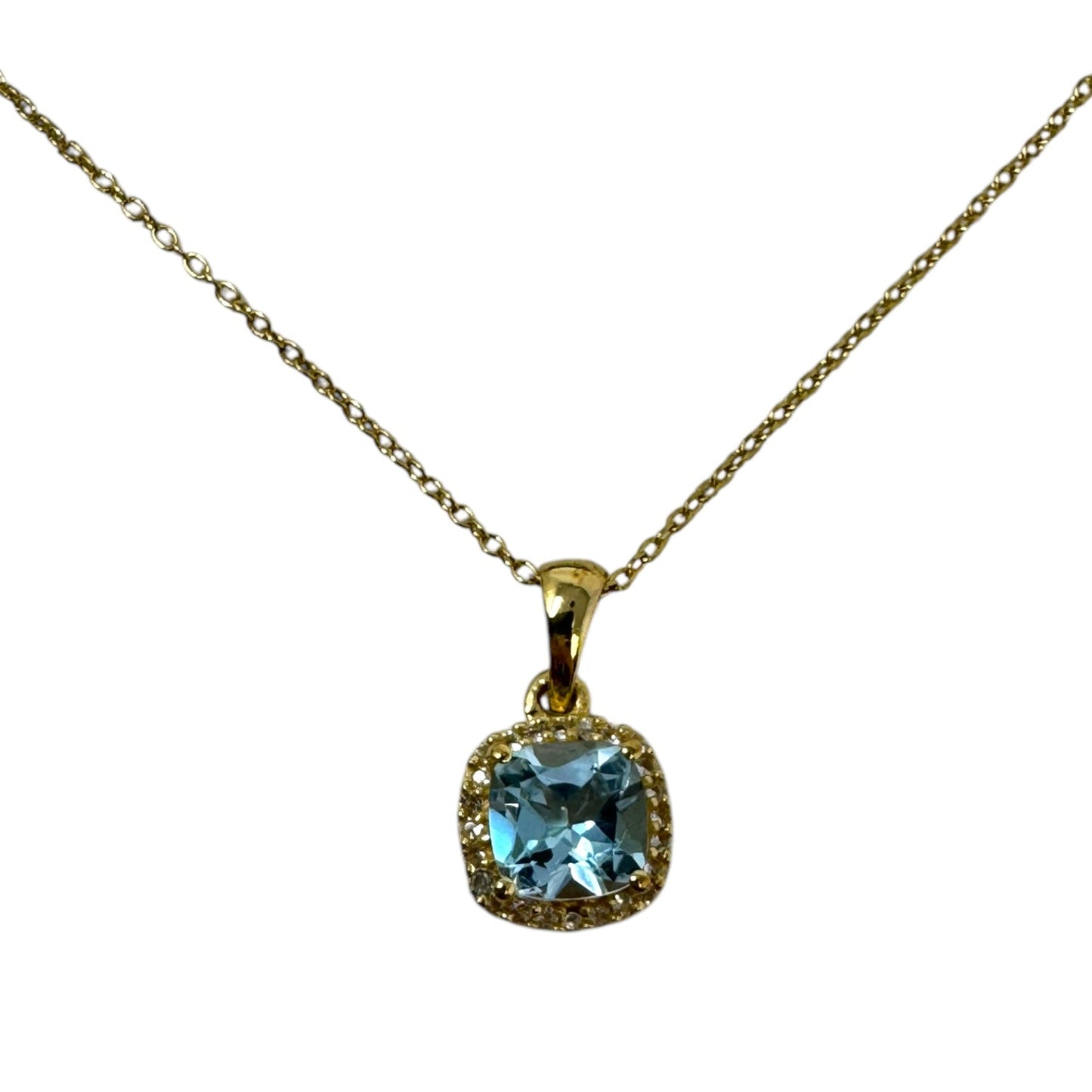 Cushion-Cut Blue Topaz & CZ Halo Pendant Necklace & Stud Earrings Set in 14K Gold Plated Sterling Silver By Unbranded