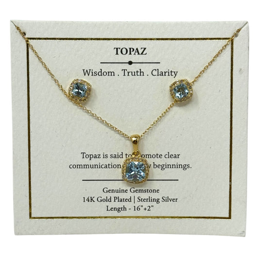 Cushion-Cut Blue Topaz & CZ Halo Pendant Necklace & Stud Earrings Set in 14K Gold Plated Sterling Silver By Unbranded