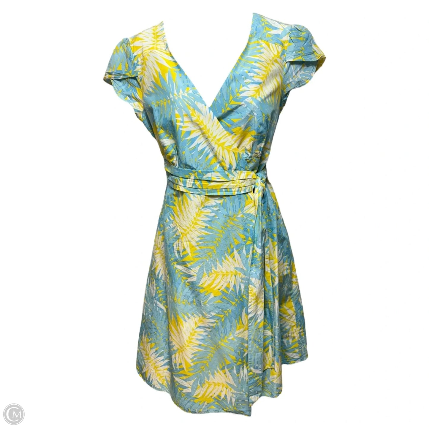 Vintage Wrap Dress Designer By Lilly Pulitzer In Blue & Yellow Tropical Print, Size: 4