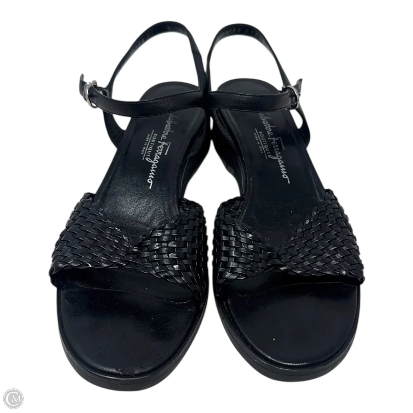 Woven Leather Ankle Strap Wedge Sandals Designer By Ferragamo In Black, Size: 9