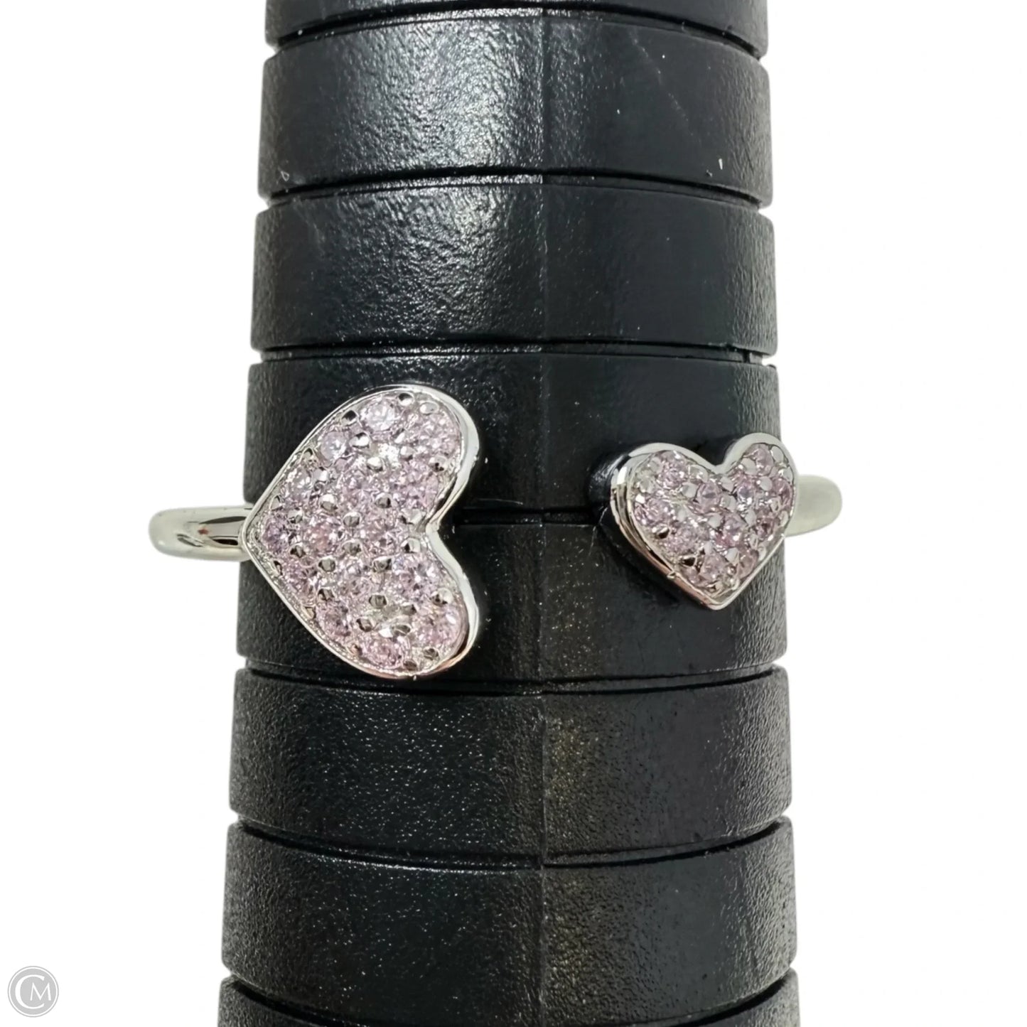 Adjustable Sterling Silver Pave Crystal Hearts Ring By FD, Size: 9