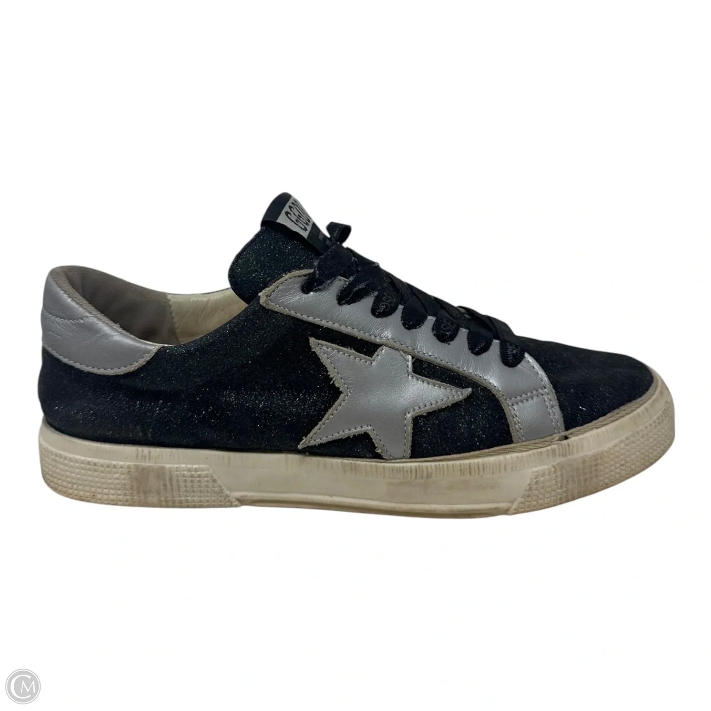 May Glitter Sneaker Shoes Luxury Designer By Golden Goose In Black & Silver, Size: 7.5 (EU 38)