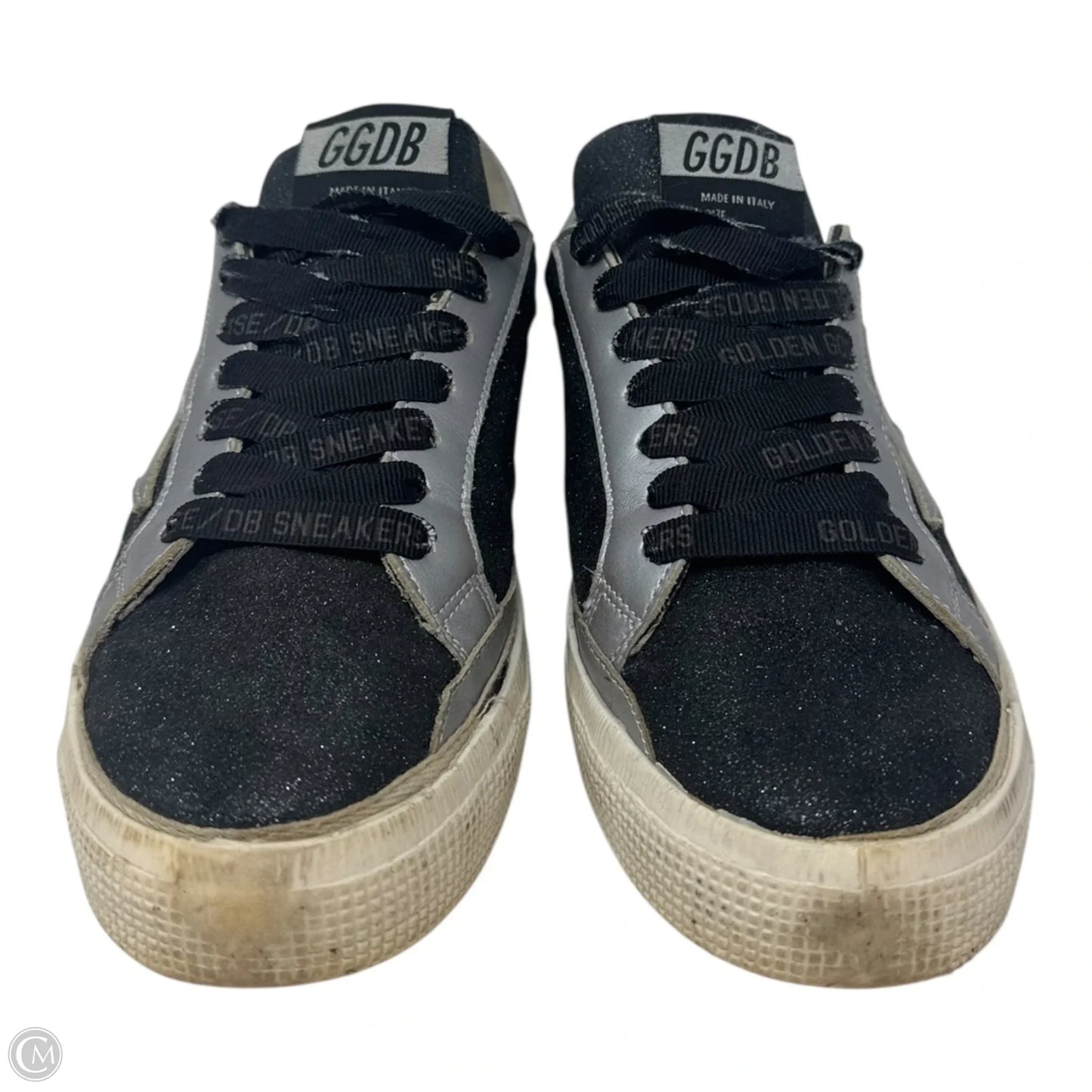 May Glitter Sneaker Shoes Luxury Designer By Golden Goose In Black & Silver, Size: 7.5 (EU 38)
