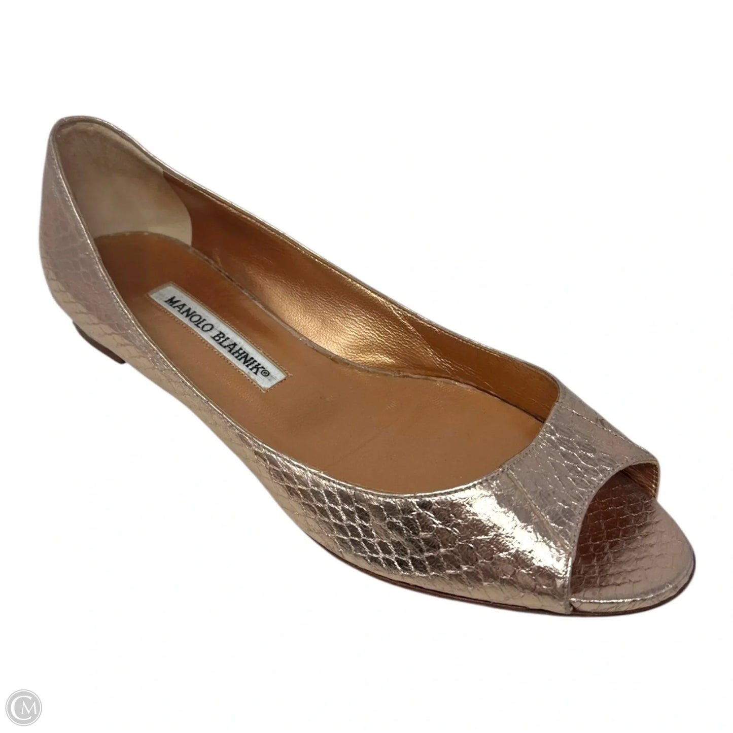 Metallic Snakeskin Peep Toe Block Heel Shoes Luxury Designer By Manolo Blahnik In Rose Gold, Size: 7 (IT 37)