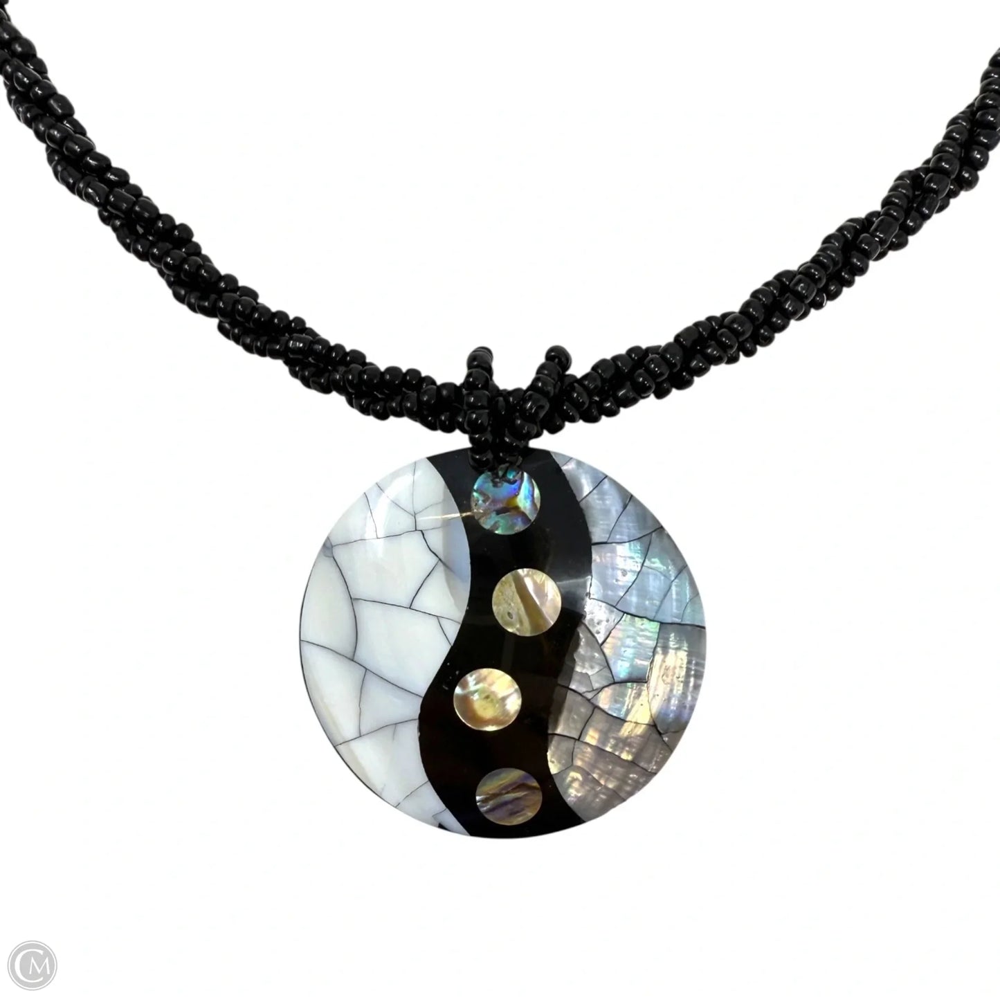 Mother Of Pearl Yin Yang Round Pendant Twisted Bead Necklace