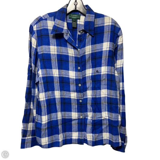 Linen Top Long Sleeve By Lauren By Ralph Lauren In Plaid Pattern, Size: L