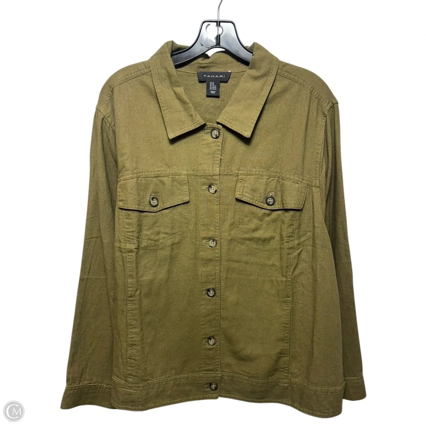 Linen Blend Jacket Shirt By Tahari In Green, Size: 2x