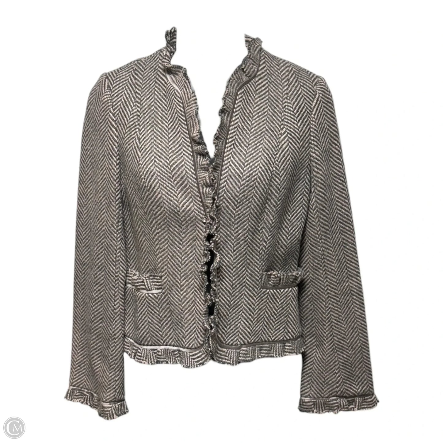 Vintage Y2K Silk Trim Wool Blend Herringbone Tweed Jacket By Rebecca Taylor In Grey & Pink, Size: 4