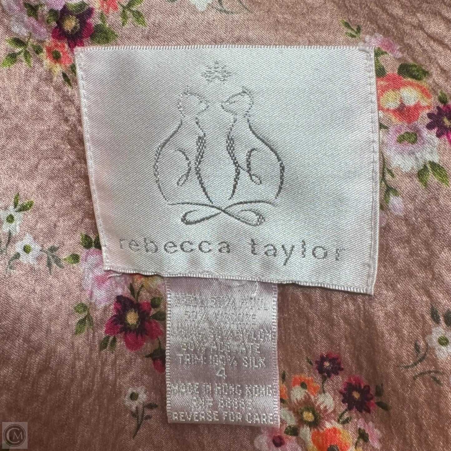 Vintage Y2K Silk Trim Wool Blend Herringbone Tweed Jacket By Rebecca Taylor In Grey & Pink, Size: 4