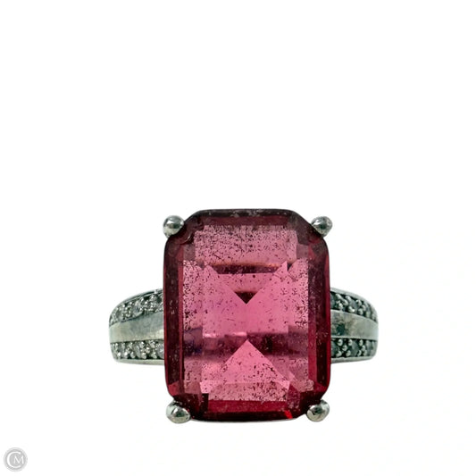 Sterling Silver, Emerald Cut Red Tourmaline & CZ Cocktail Ring, Size: 9