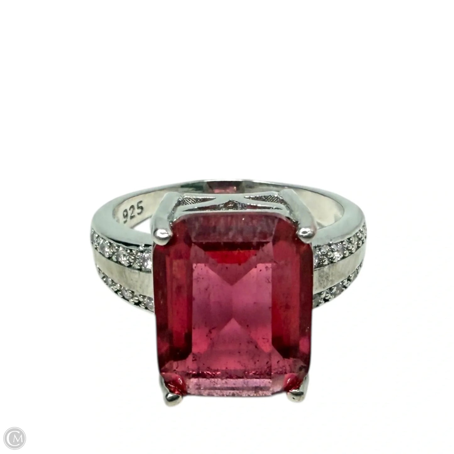 Sterling Silver, Emerald Cut Red Tourmaline & CZ Cocktail Ring, Size: 9