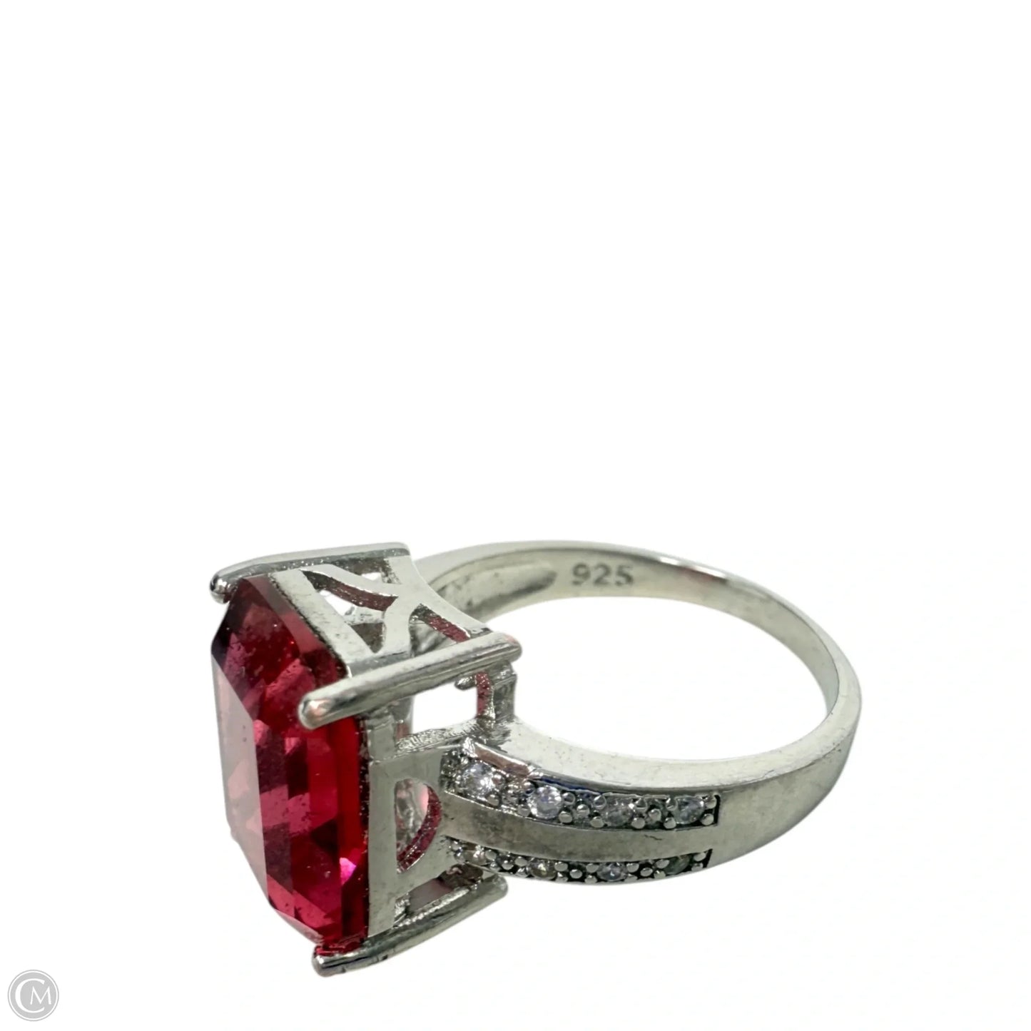 Sterling Silver, Emerald Cut Red Tourmaline & CZ Cocktail Ring, Size: 9