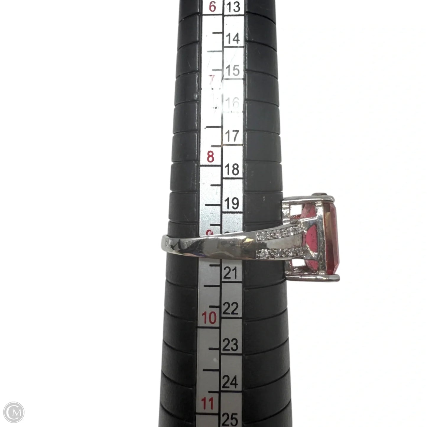 Sterling Silver, Emerald Cut Red Tourmaline & CZ Cocktail Ring, Size: 9