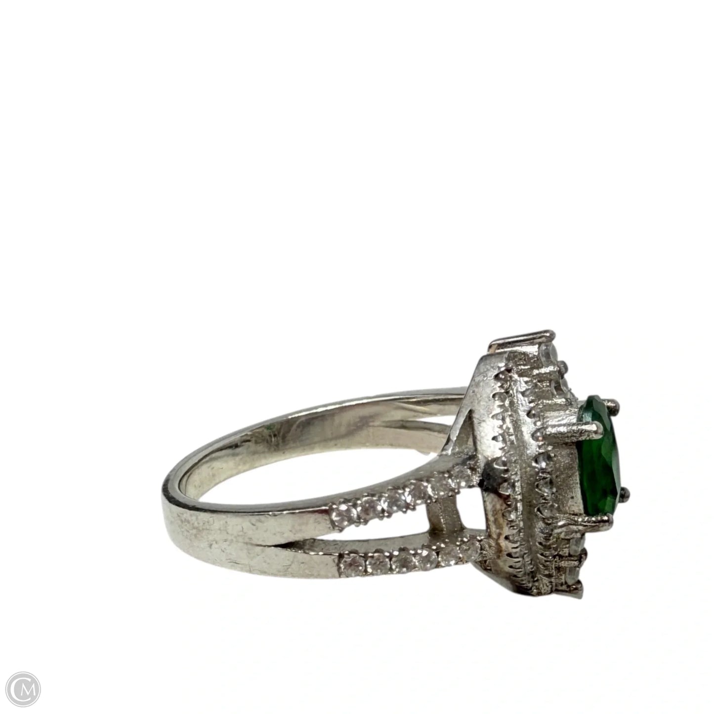 Art Deco Sterling Silver CZ & Oval Emerald Cocktail Ring, Size: 7