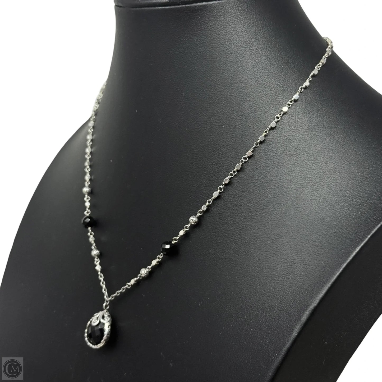 Sterling Silver Bulb-Shaped Faceted Black Onyx Pendant with Black Onyx  & Scroll Bead Link Chain Necklace By Lois Hill