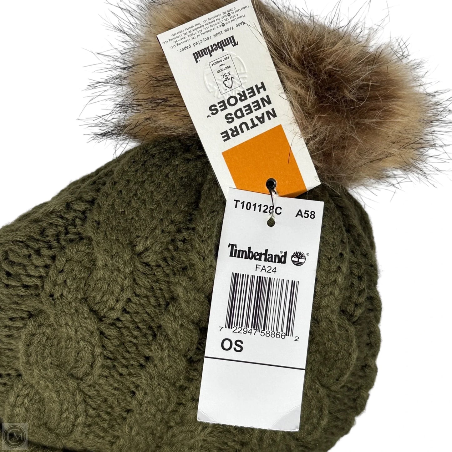 Fleece Lined Cable Knit Faux Fur Pom Beanie By Timberland
